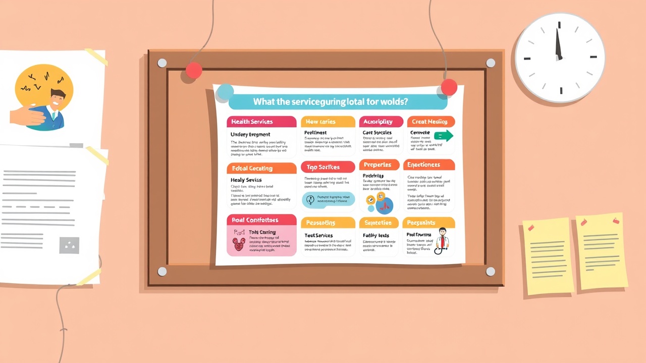 Kolorowa infografika o usługach zdrowotnych jest przypięta do tablicy ogłoszeń.