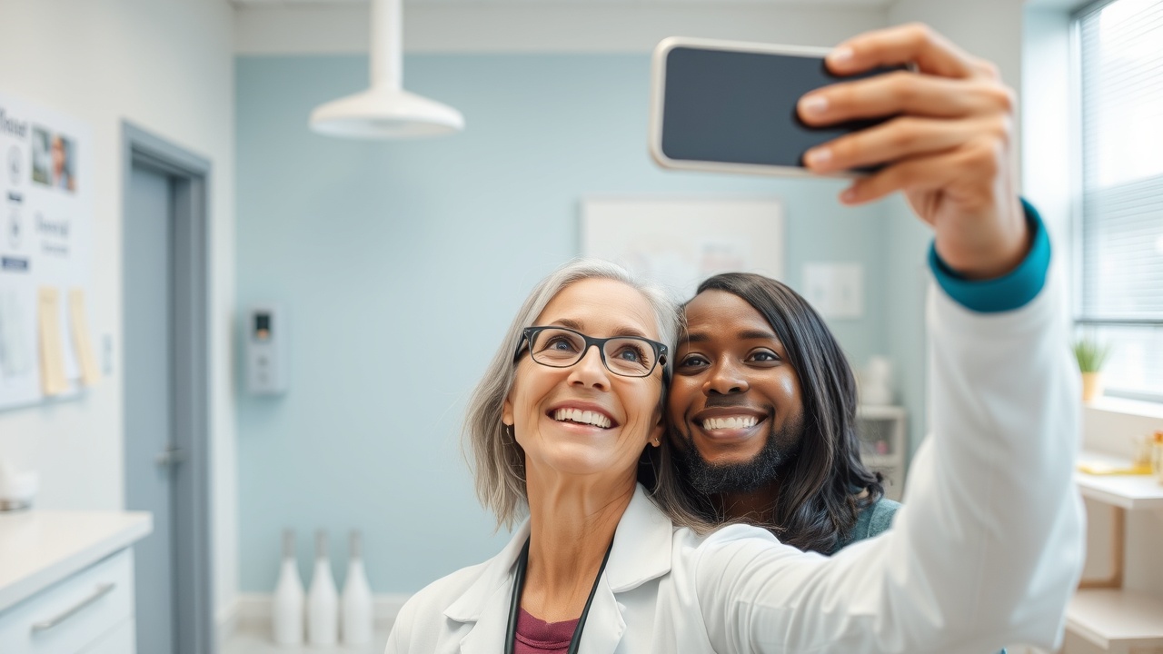 Lekarz robi sobie selfie z pacjentem w wesołym środowisku klinicznym.