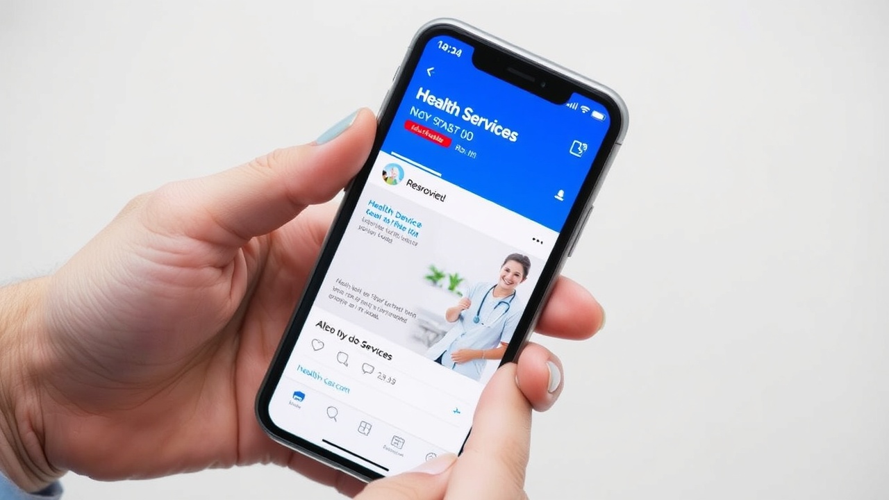 Smartfon wyświetla reklamę usługi zdrowotnej w aplikacji mediów społecznościowych.